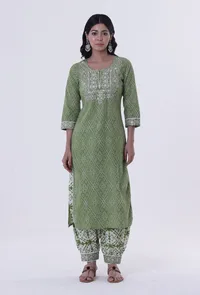 Set Of 2: Green & White Color Cotton Block Printed Kurta & Pant image 1