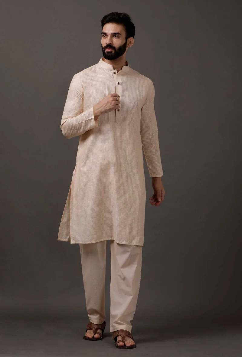 Set of 2: Cream Cotton Silk Check Kurta Pajama