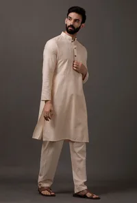 Set of 2: Cream Cotton Silk Check Kurta Pajama image 2