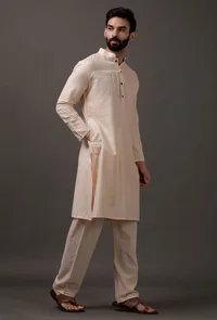 Set of 2: Cream Cotton Silk Check Kurta Pajama image 4