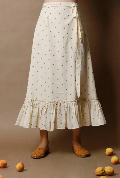 Off White Cotton Hand Block Printed Wraparound Skirt