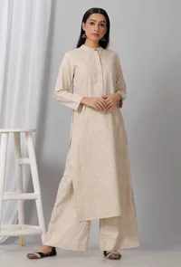 Set of 2: Beige Cotton Khadi Kurta with Palazzo image 1