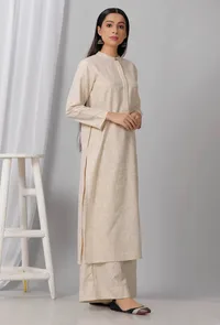 Set of 2: Beige Cotton Khadi Kurta with Palazzo image 2