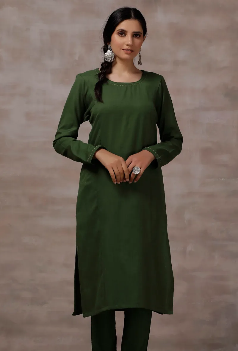 Olive Green Cashmilon Straight Phiran Kurta