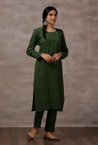 Olive Green Cashmilon Straight Phiran Kurta image 2