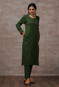 Olive Green Cashmilon Straight Phiran Kurta image 4