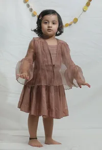 Set of 3: Light Brown Chanderi Blouse with Lehenga Skirt & Overlay image 1