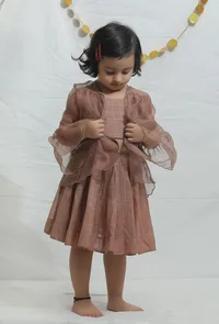 Set of 3: Light Brown Chanderi Blouse with Lehenga Skirt & Overlay image 2