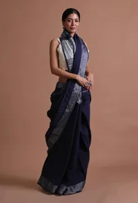 Navy Blue Color Cotton Linen Saree With Unstitched Blouse image 1