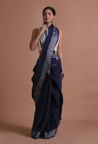 Navy Blue Color Cotton Linen Saree With Unstitched Blouse image 2