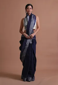 Navy Blue Color Cotton Linen Saree With Unstitched Blouse image 3