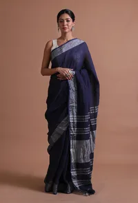 Navy Blue Color Cotton Linen Saree With Unstitched Blouse image 4