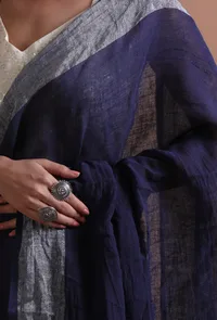Navy Blue Color Cotton Linen Saree With Unstitched Blouse image 6