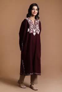 Seal Brown Aari Embroidered Kashmiri Phiran-Free Size image 2