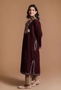 Seal Brown Aari Embroidered Kashmiri Phiran-Free Size image 3