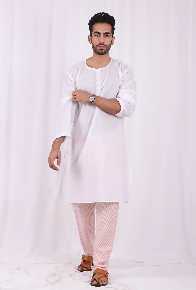 Set of 2: White Cotton kurta with Pink Striped Pajama