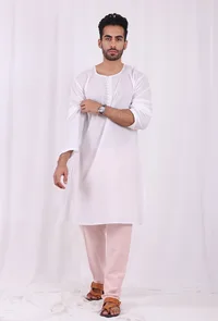 Set of 2: White Cotton kurta with Pink Striped Pajama image 1