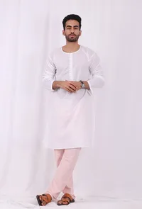 Set of 2: White Cotton kurta with Pink Striped Pajama image 2