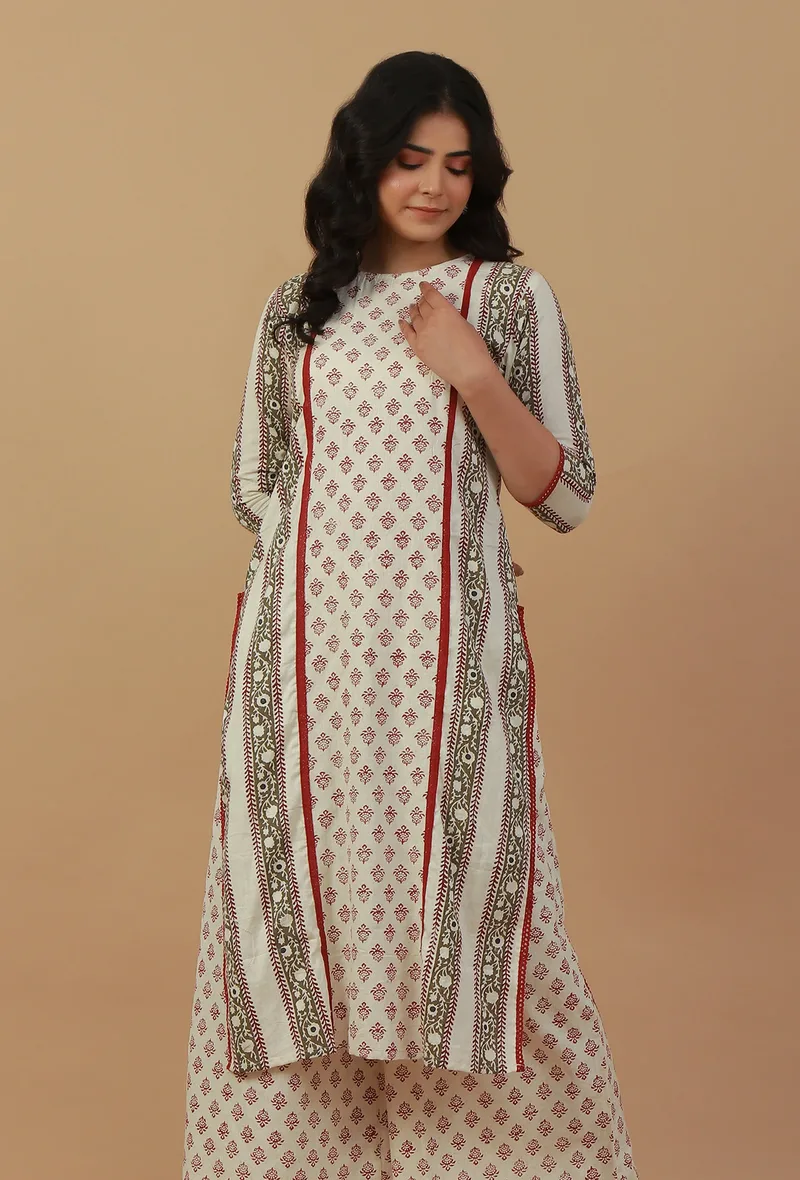 Off-White Block Printed Cotton Kurta