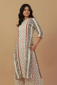 Off-White Block Printed Cotton Kurta image 2