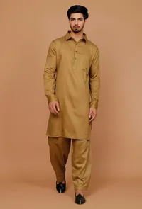 Set of 2:Olive Green Cotton Satin Pathani Kurta and Pyjama image 1
