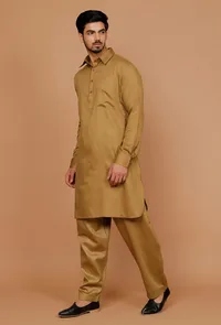 Set of 2:Olive Green Cotton Satin Pathani Kurta and Pyjama image 2