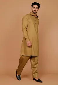 Set of 2:Olive Green Cotton Satin Pathani Kurta and Pyjama image 3