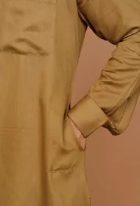 Set of 2:Olive Green Cotton Satin Pathani Kurta and Pyjama image 6