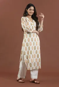 Set of 2: Off White Hand Block Print Cotton Kurta with Pant Set image 1