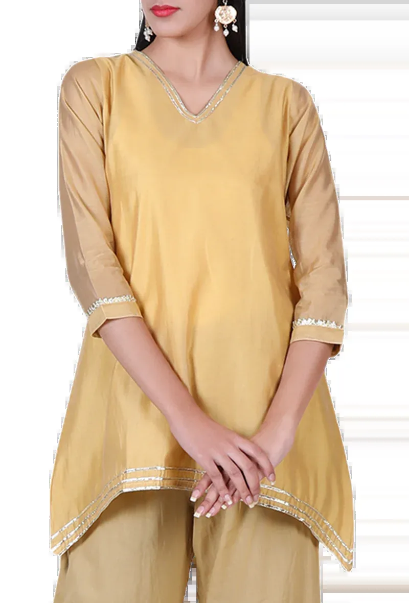 Yellow Plan Chanderi Short Kurta With Gota Lace Detailing