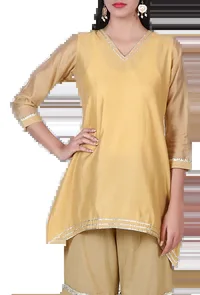 Yellow Plan Chanderi Short Kurta With Gota Lace Detailing image 2