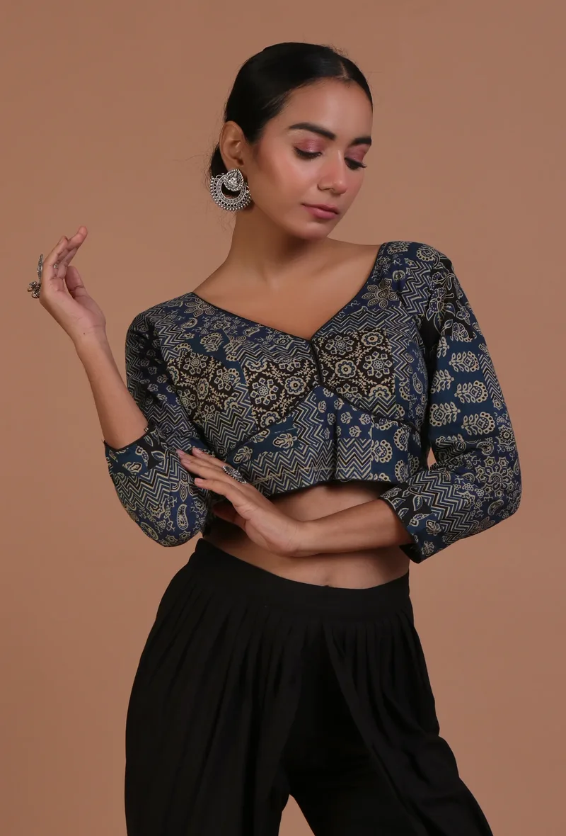 Blue and Black Cotton Ajrakh Printed Full Sleeve Blouse