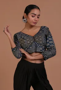 Blue and Black Cotton Ajrakh Printed Full Sleeve Blouse image 1