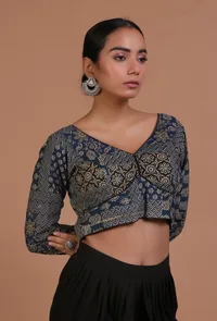 Blue and Black Cotton Ajrakh Printed Full Sleeve Blouse image 4
