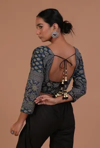 Blue and Black Cotton Ajrakh Printed Full Sleeve Blouse image 6