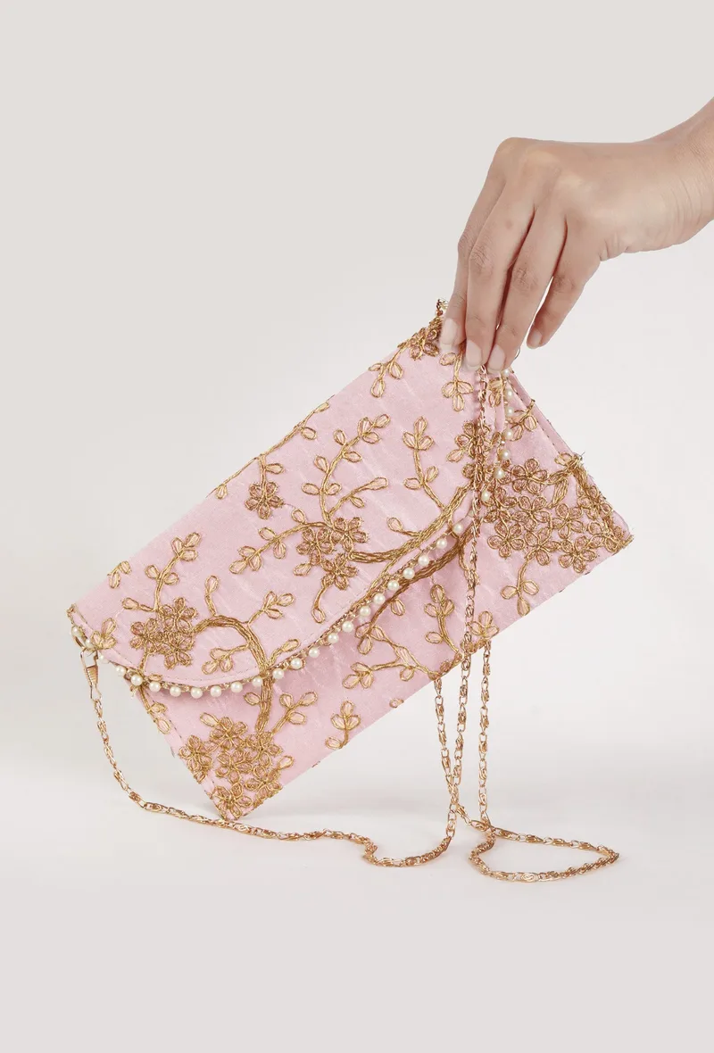 Blossom Pink Zari Embroidered Silk Envelope Clutch
