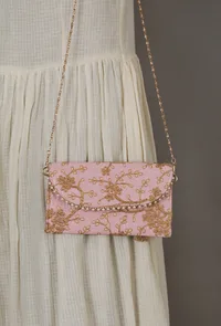 Blossom Pink Zari Embroidered Silk Envelope Clutch image 2