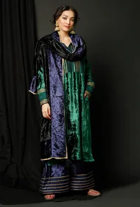 Set of 3 : Green velvet Phiran, Blue Velvet Pallazo and Blue Odhani image 1
