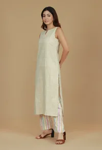 Set of 2 Beige Cotton Khadi Sleeveless Kurta with Multicolor Striped Cotton Viscose Pants image 2