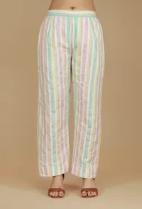 Set of 2 Beige Cotton Khadi Sleeveless Kurta with Multicolor Striped Cotton Viscose Pants image 4