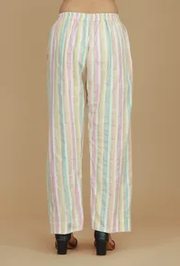 Set of 2 Beige Cotton Khadi Sleeveless Kurta with Multicolor Striped Cotton Viscose Pants image 5