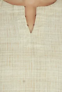 Set of 2 Beige Cotton Khadi Sleeveless Kurta with Multicolor Striped Cotton Viscose Pants image 6