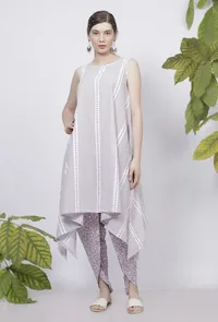 Lilac Asymmetrical Stripes Hand-Block Printed Cotton Kurta image 1