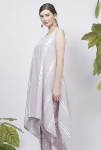 Lilac Asymmetrical Stripes Hand-Block Printed Cotton Kurta image 2