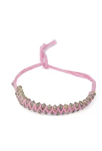 Set Of 2: Zaina Pink Thread & Antique Plated Brass Beaded Anklets image 2