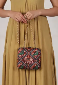 Parisa Maroon, Blue & Multi Patola Print Square Box Clutch image 1