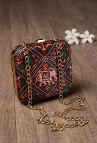 Parisa Maroon, Blue & Multi Patola Print Square Box Clutch image 2