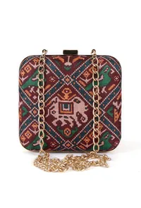 Parisa Maroon, Blue & Multi Patola Print Square Box Clutch image 3