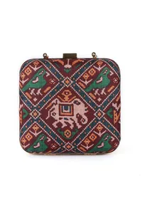 Parisa Maroon, Blue & Multi Patola Print Square Box Clutch image 4