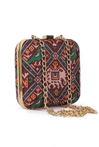 Parisa Maroon, Blue & Multi Patola Print Square Box Clutch image 5